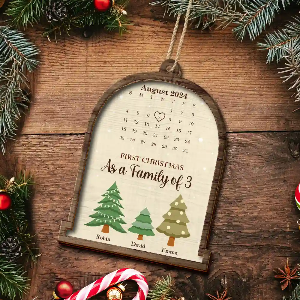 Calendar First Christmas As A Family Of Three - Personalized 2-Layered Wooden Ornament - Image 5