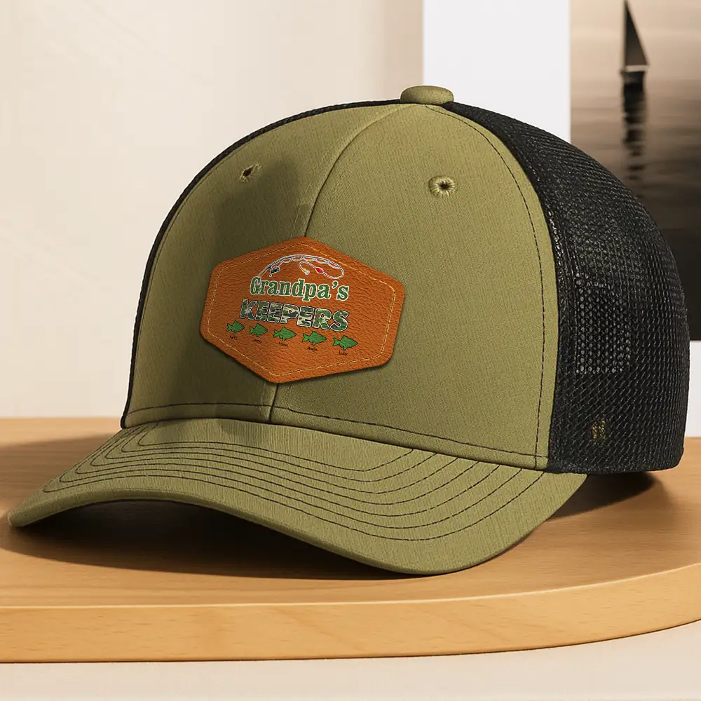 Camouflage Grandpa Dad's Keepers - Personalized Leather Patch Hat - Image 4