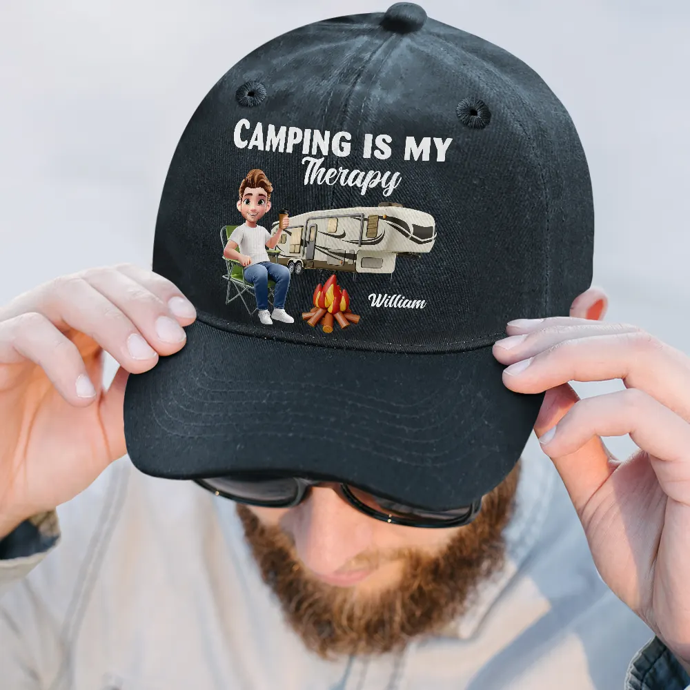 Camp Hair Don't Care Camping - Personalized Vintage Washed Denim Cap - Image 2