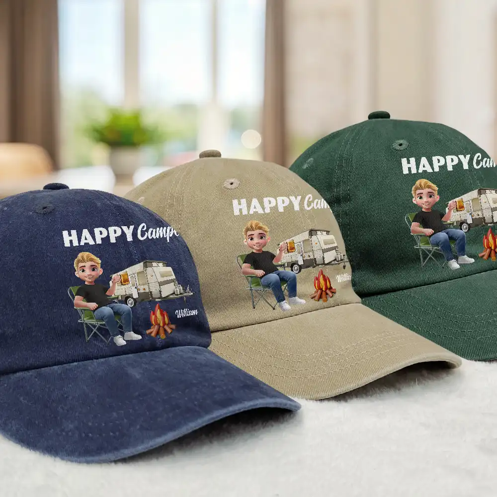 Camp Hair Don't Care Camping - Personalized Vintage Washed Denim Cap - Image 3