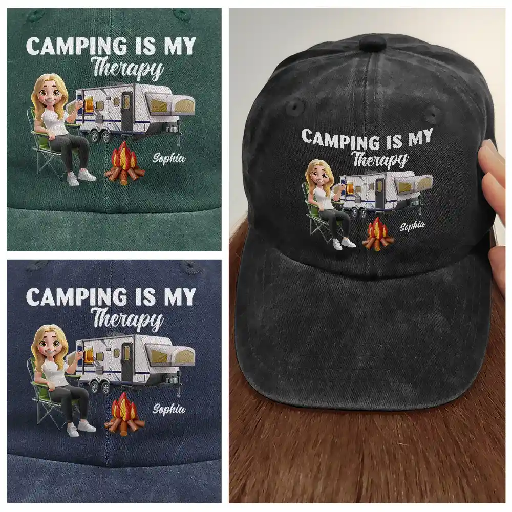 Camp Hair Don't Care Camping - Personalized Vintage Washed Denim Cap - Image 4