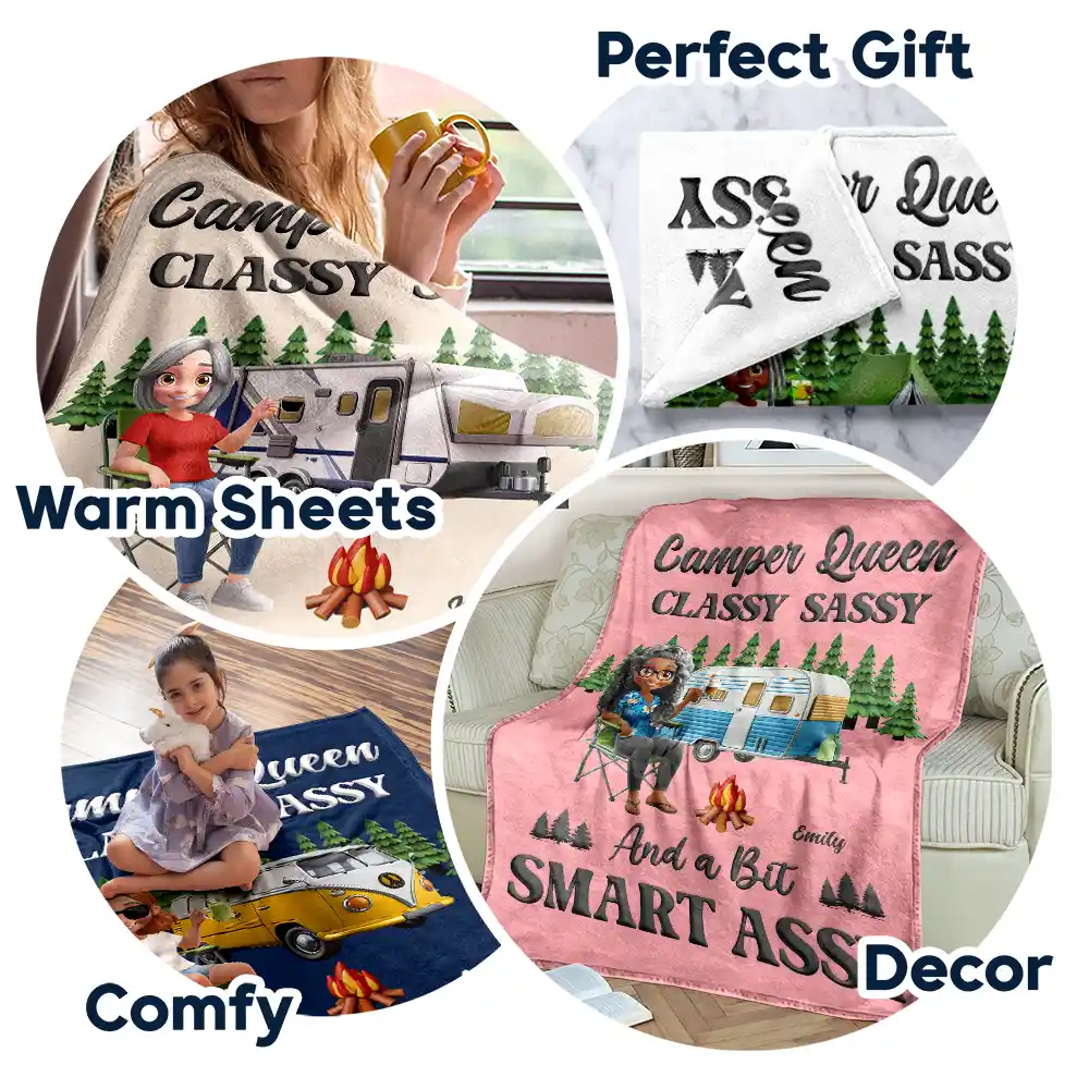 Camper Queen Classy Sassy - Personalized Fleece Blanket, Sherpa Blanket - Image 7
