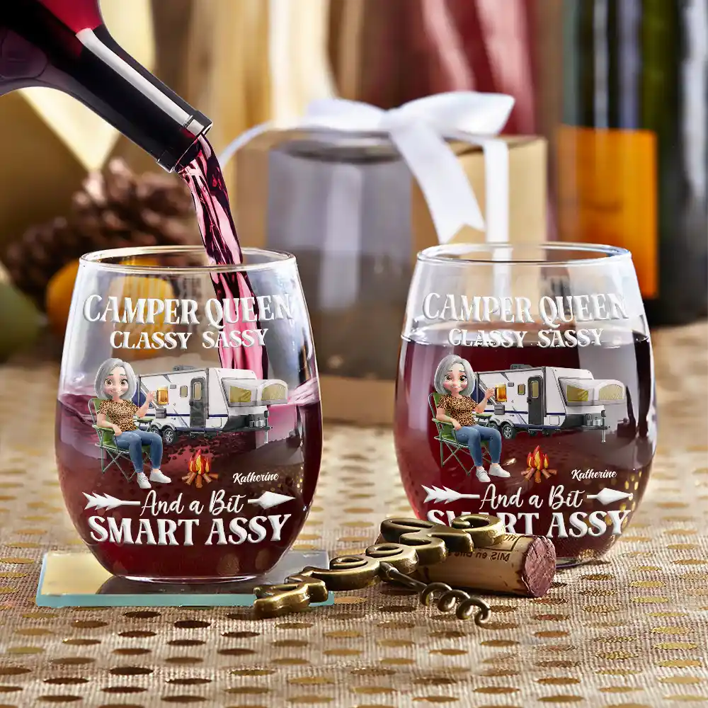 Camper Queen Classy Sassy - Personalized Stemless Wine Glass - Image 3