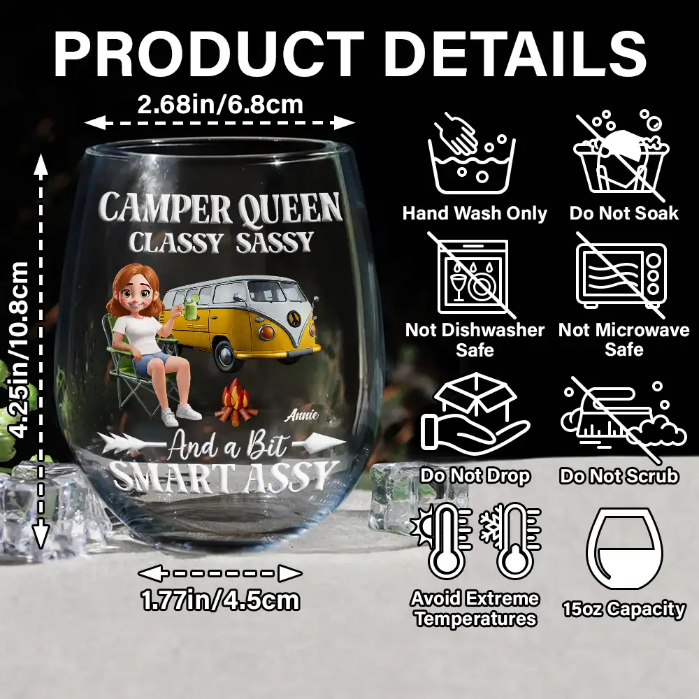 Camper Queen Classy Sassy - Personalized Stemless Wine Glass - Image 5