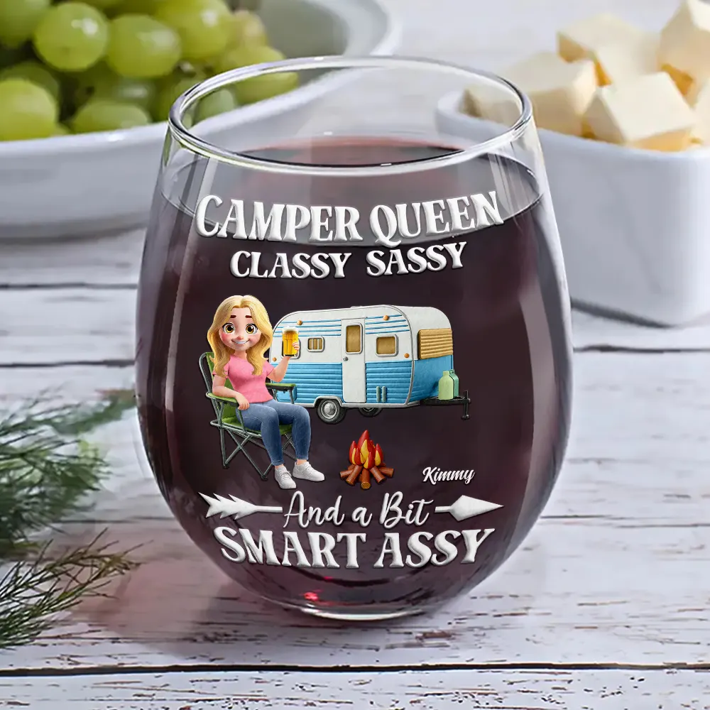 Camper Queen Classy Sassy - Personalized Stemless Wine Glass - Image 6