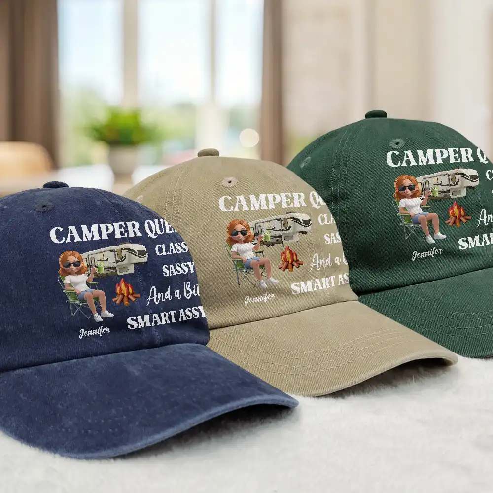 Camper Queen Classy Sassy - Personalized Vintage Washed Denim Cap - Image 3