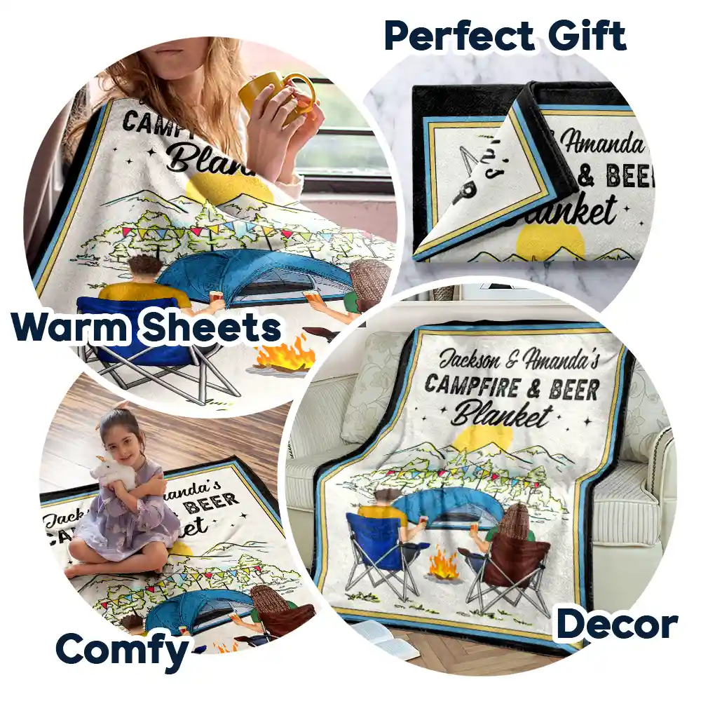 Campfire & Coffee Blanket Camping - Personalized Fleece Blanket, Sherpa Blanket - Image 7