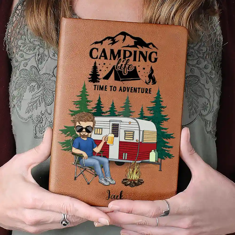 Camping And So The Adventure Begins - Personalized Leather Journal - Image 4