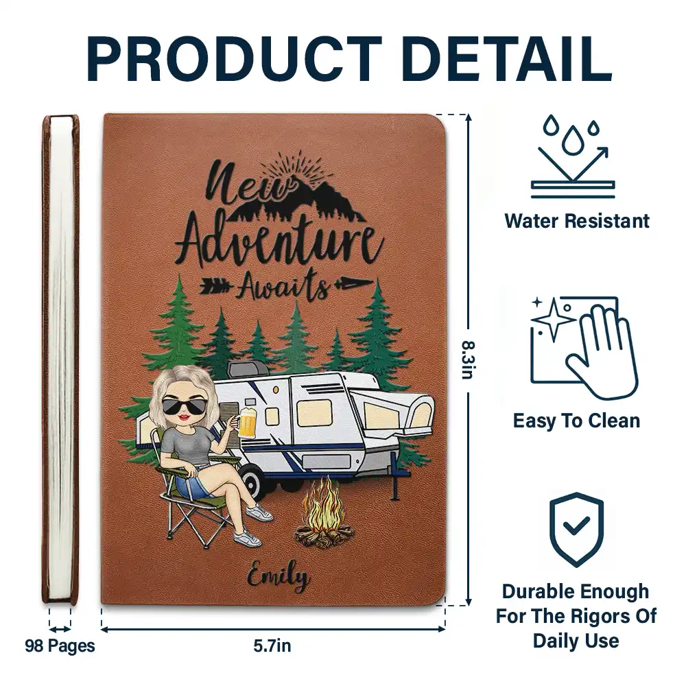 Camping And So The Adventure Begins - Personalized Leather Journal - Image 5