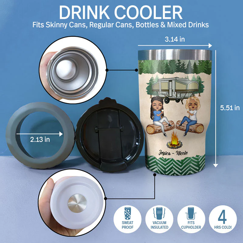 Camping Bestie Warning The Girls Are Drinking Again - Personalized Custom Triple 3 In 1 Can Cooler - Image 4