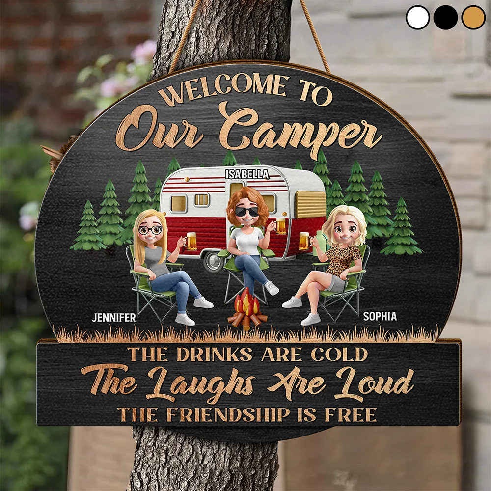 Camping Besties Welcome To Our Camper - Personalized Custom Shaped Wood Sign