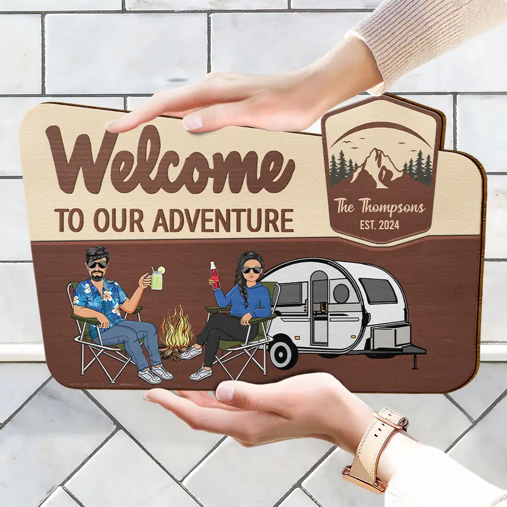 Camping Couple Welcome To Our Adventure - Personalized Custom Shaped Wood Sign - Image 4