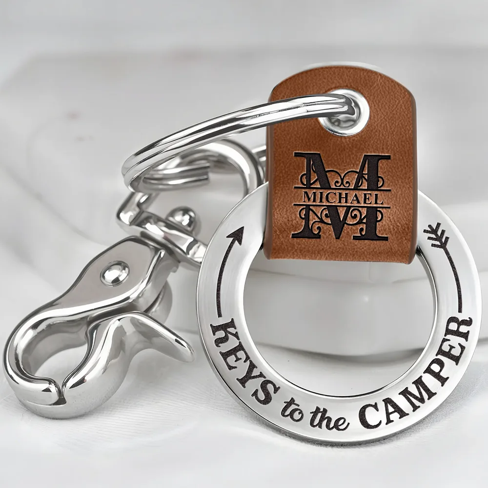Camping Dad Mom Keys To The Camper Monogram Initial - Personalized Leather Coordinates Keychain