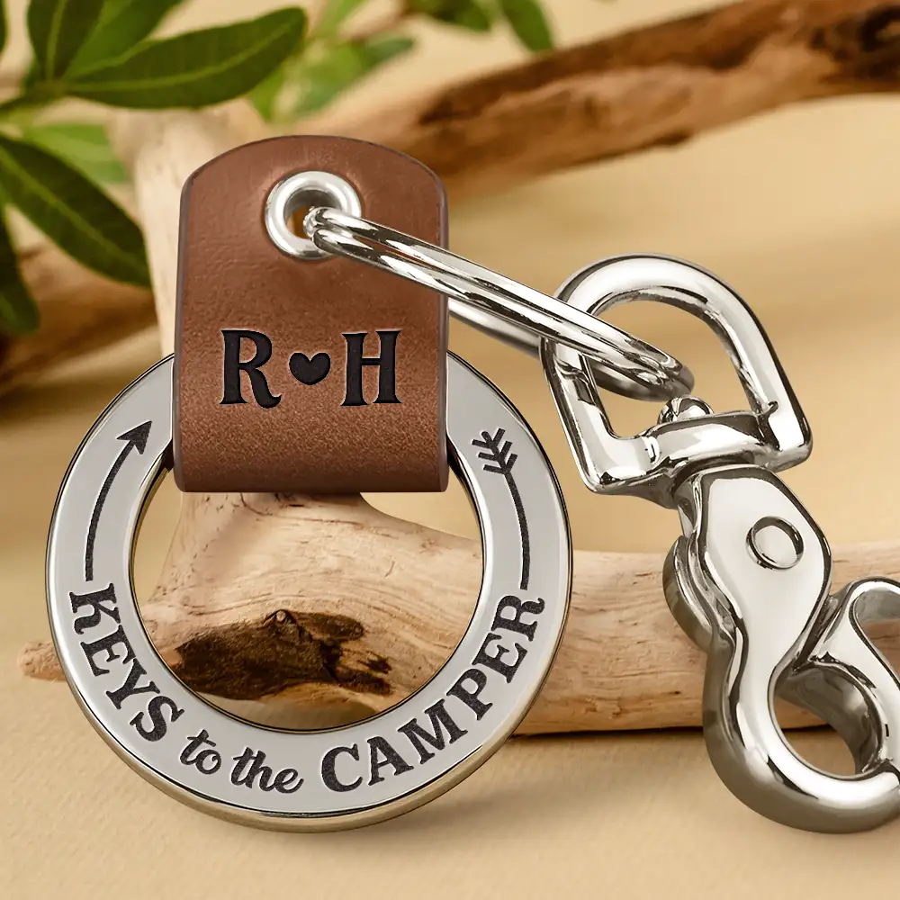 Camping Dad Mom Keys To The Camper Monogram Initial - Personalized Leather Coordinates Keychain - Image 2