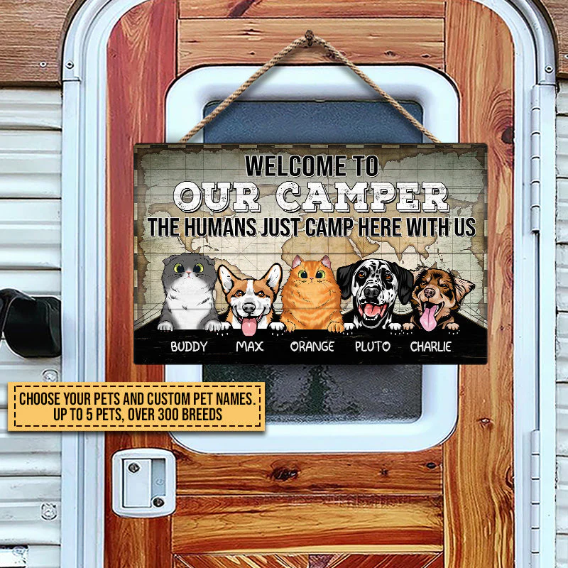 Camping Dog, Cat, Pet, Camp, Welcome To Our Camper Custom Wood Rectangle Sign - Image 6