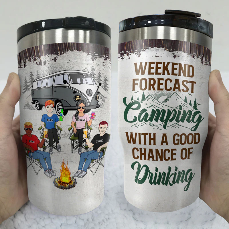 Camping Family Best Friends Weekend Forecast Camping With A Good Chance Of Drinking - Camping Gift - Personalized Custom Triple 3 In 1 Can Cooler - Image 3