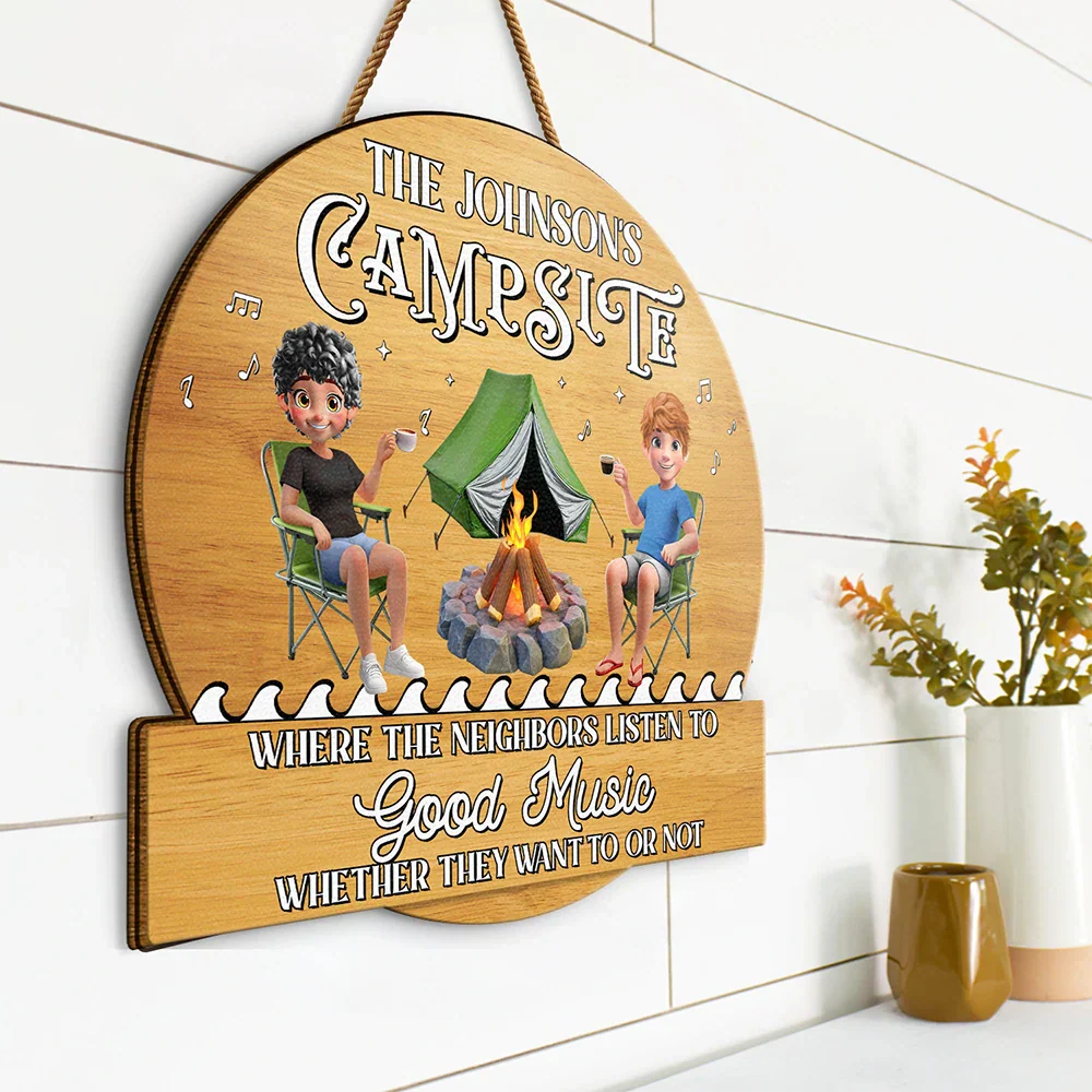 Camping Firepit Couple Where Music Gets Played - Personalized Custom Shaped Wood Sign - Image 2