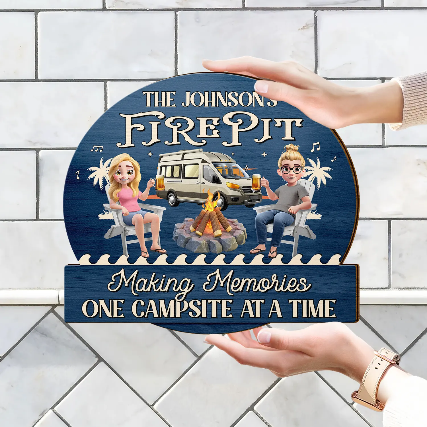 Camping Firepit Couple Where Music Gets Played - Personalized Custom Shaped Wood Sign - Image 4