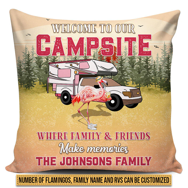 Camping Flamingo Bestie Welcome To Our Campsite Custom Pillow, Personalized Camping Gift - Image 4