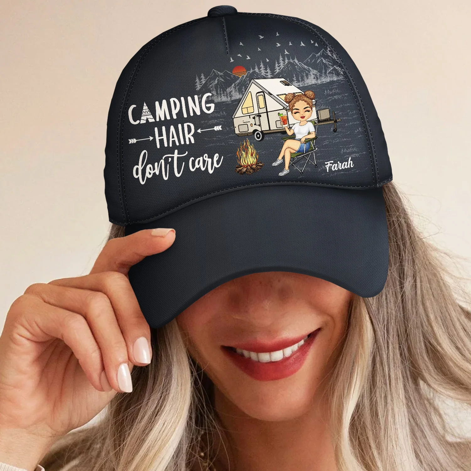 Camping Hair Don't Care - Gift For Camping Lovers, Campers, Women - Personalized Classic Cap - Image 4