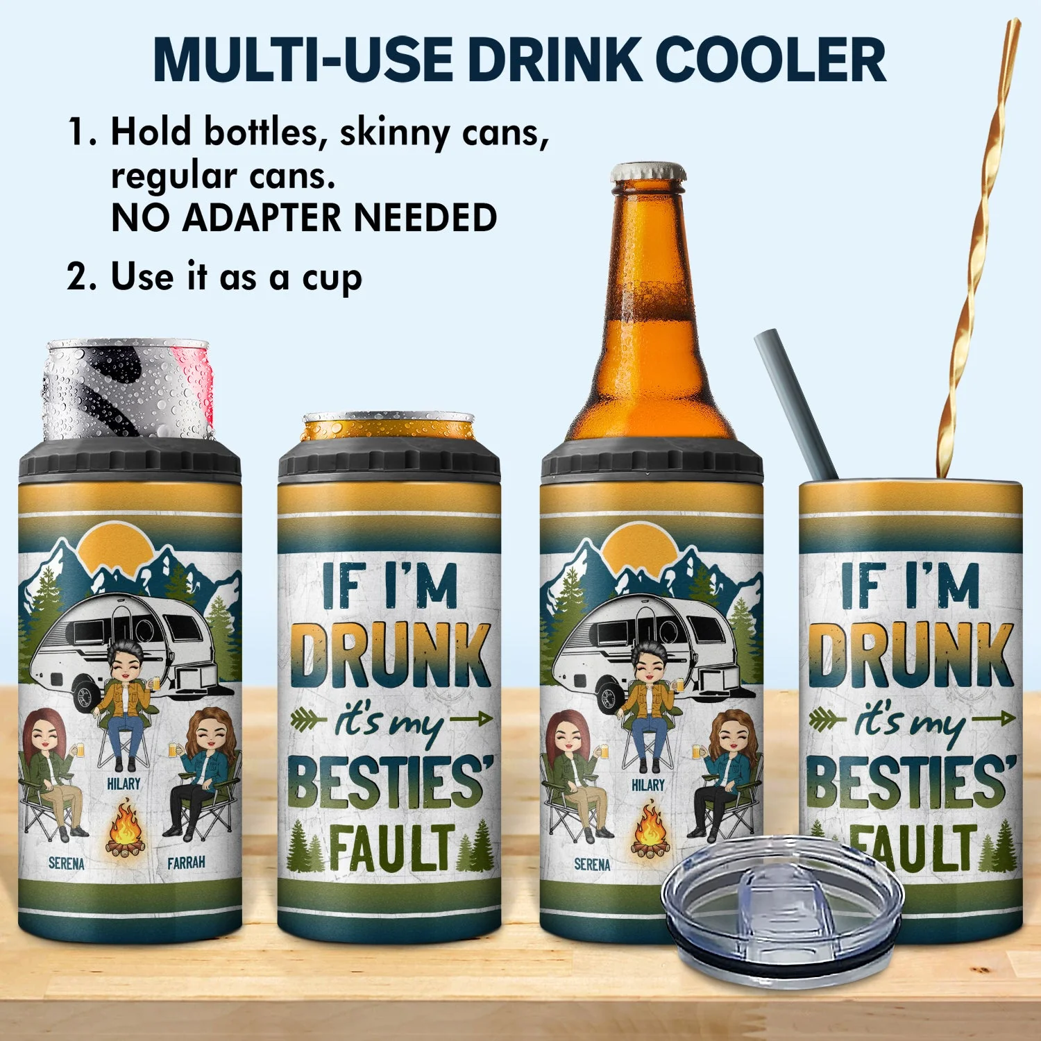 Camping If I'm Drunk - Gift For Bestie - Personalized Custom 4 In 1 Can Cooler Tumbler - Image 2