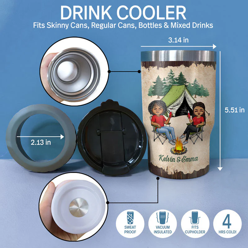 Camping Partners For Life Husband Wife - Couple Gift - Personalized Custom Triple 3 In 1 Can Cooler - Image 4