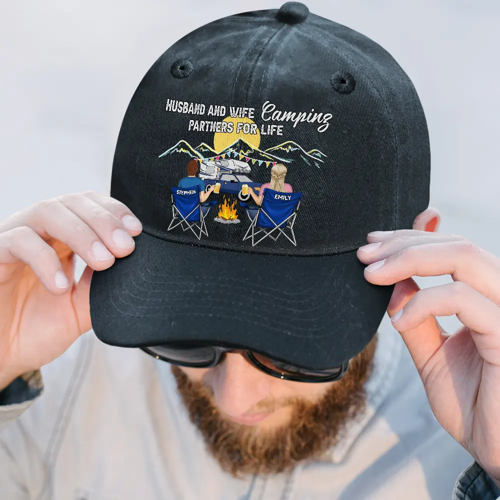 Camping Partners For Life - Personalized Vintage Washed Denim Cap - Image 2