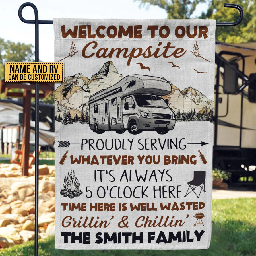 Camping Proudly Serving Whatever You Bring Custom Flag - Image 2