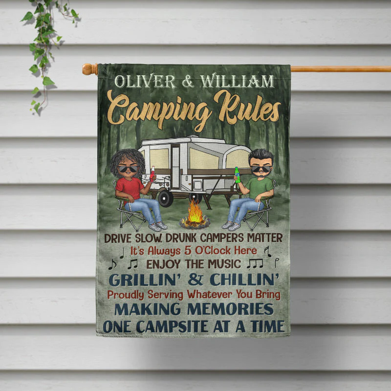 Camping Rules Drive Slow Drunk Campers Matter Chibi Couple - Camping Gift - Personalized Custom Flag - Image 2