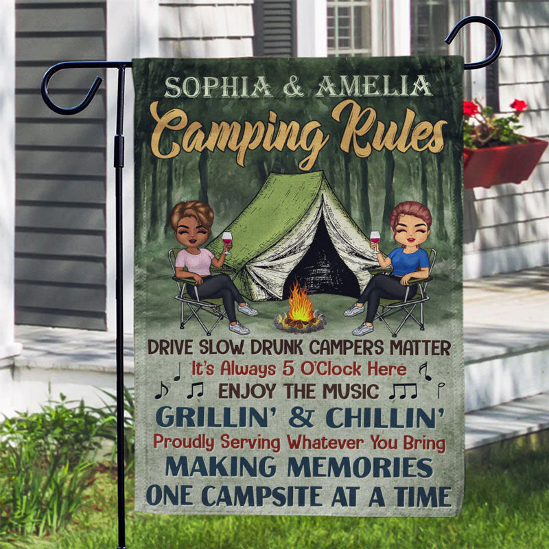 Camping Rules Drive Slow Drunk Campers Matter Chibi Couple - Camping Gift - Personalized Custom Flag - Image 3