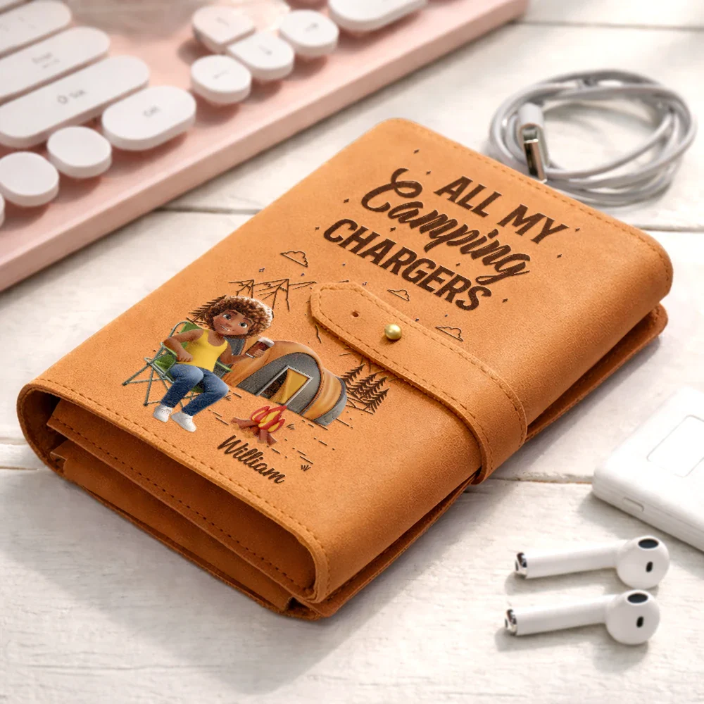 Camping Woman Man All My Charging Shit - Personalized Leather Cable Bag - Image 2