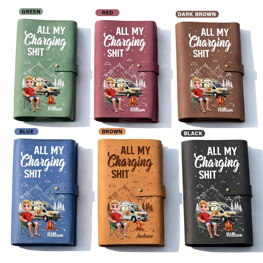 Camping Woman Man All My Charging Shit - Personalized Leather Cable Bag - Image 3
