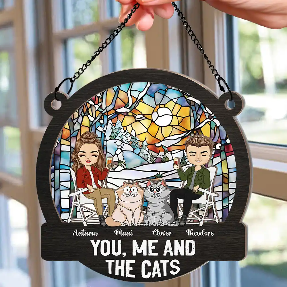 Camping You, Me And The Cats - Personalized Window Hanging Suncatcher Ornament - Image 2