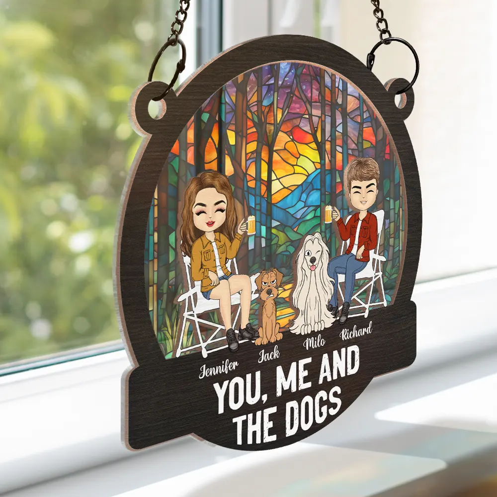 Camping You, Me And The Dogs - Personalized Window Hanging Suncatcher Ornament - Image 3