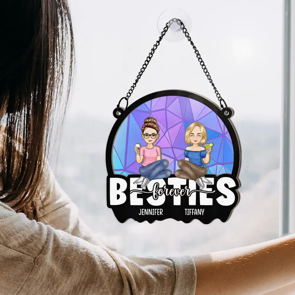 Cartoon Besties Friends Sitting Together - Personalized Window Hanging Suncatcher Ornament - Image 4