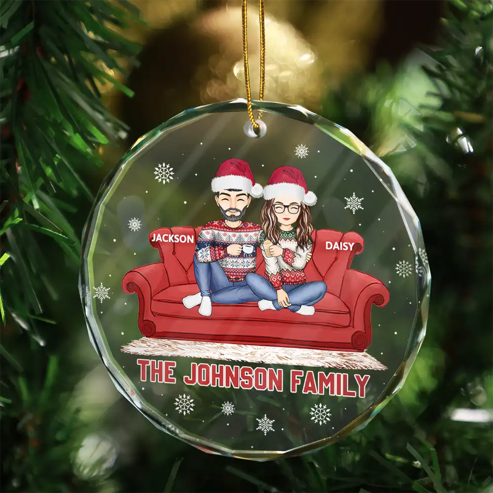 Cartoon Couple With Kids And Pets - Personalized Circle Glass Ornament - Image 3