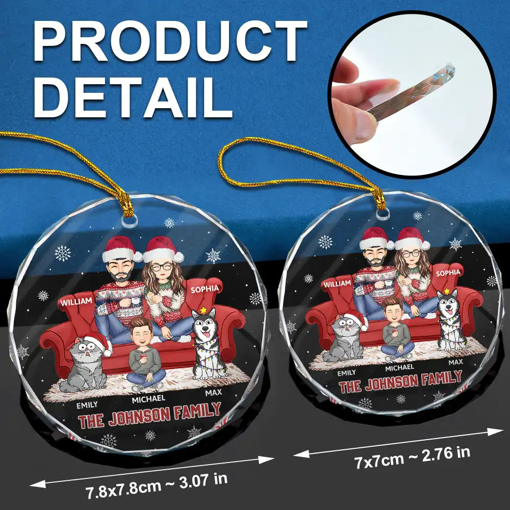 Cartoon Couple With Kids And Pets - Personalized Circle Glass Ornament - Image 6