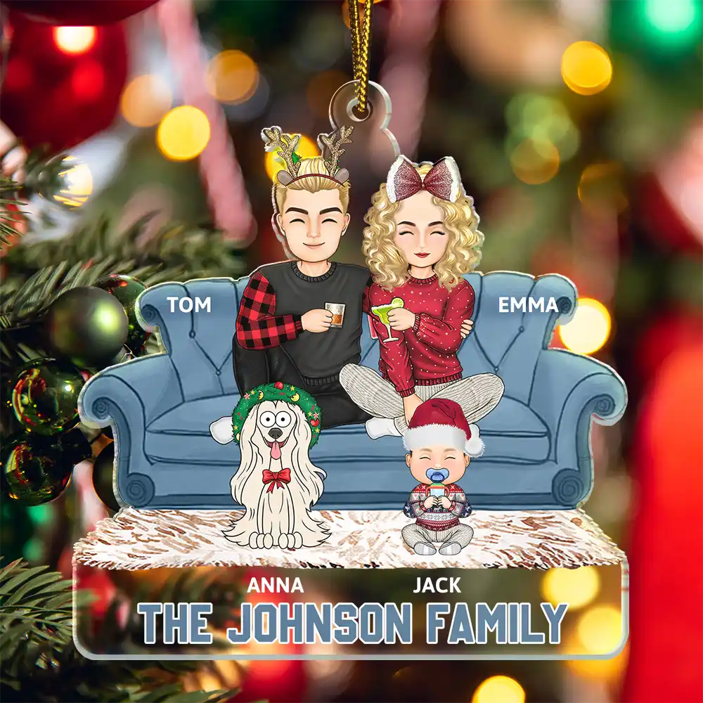 Cartoon Couple With Kids And Pets - Personalized Cutout Acrylic Ornament - Image 5