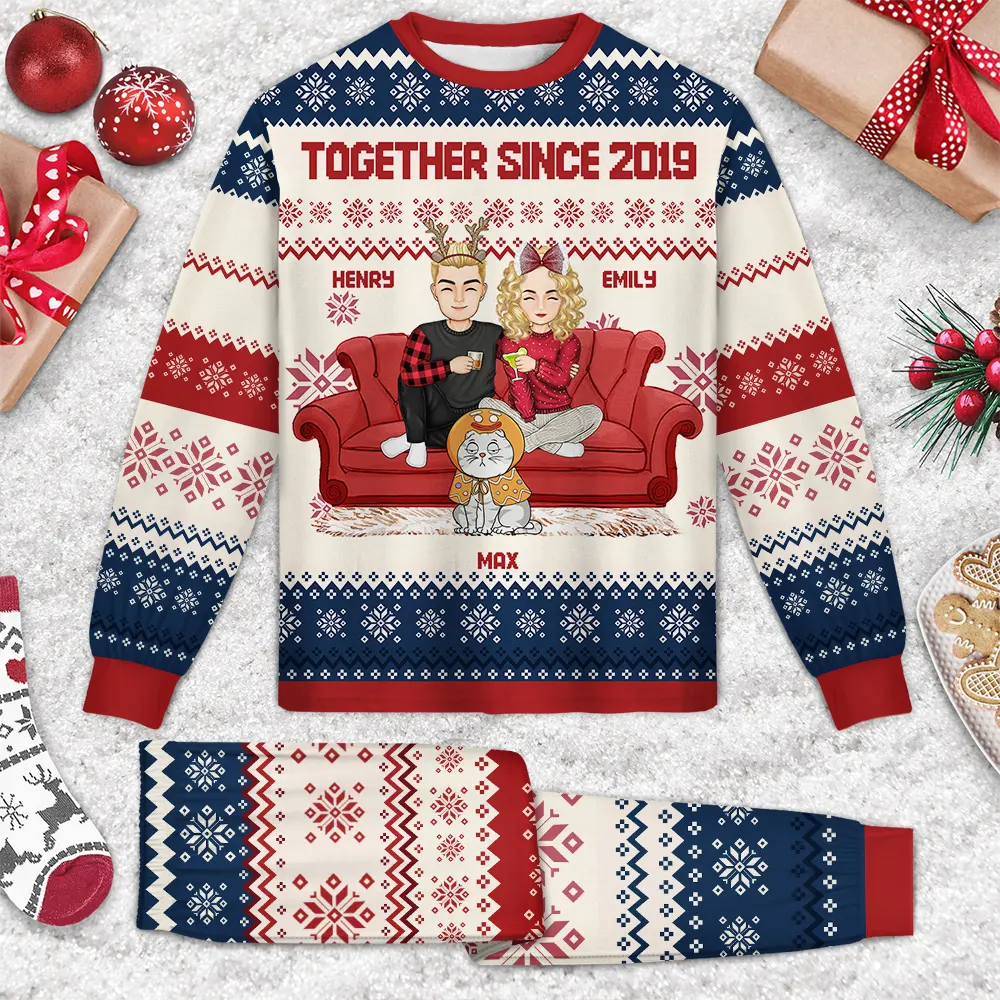 Cartoon Couple With Kids And Pets - Personalized Unisex Pajamas Set - Image 3