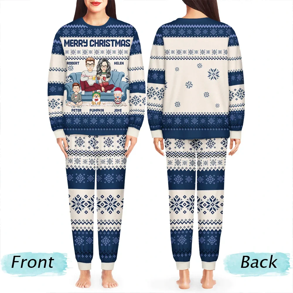 Cartoon Couple With Kids And Pets - Personalized Unisex Pajamas Set - Image 4