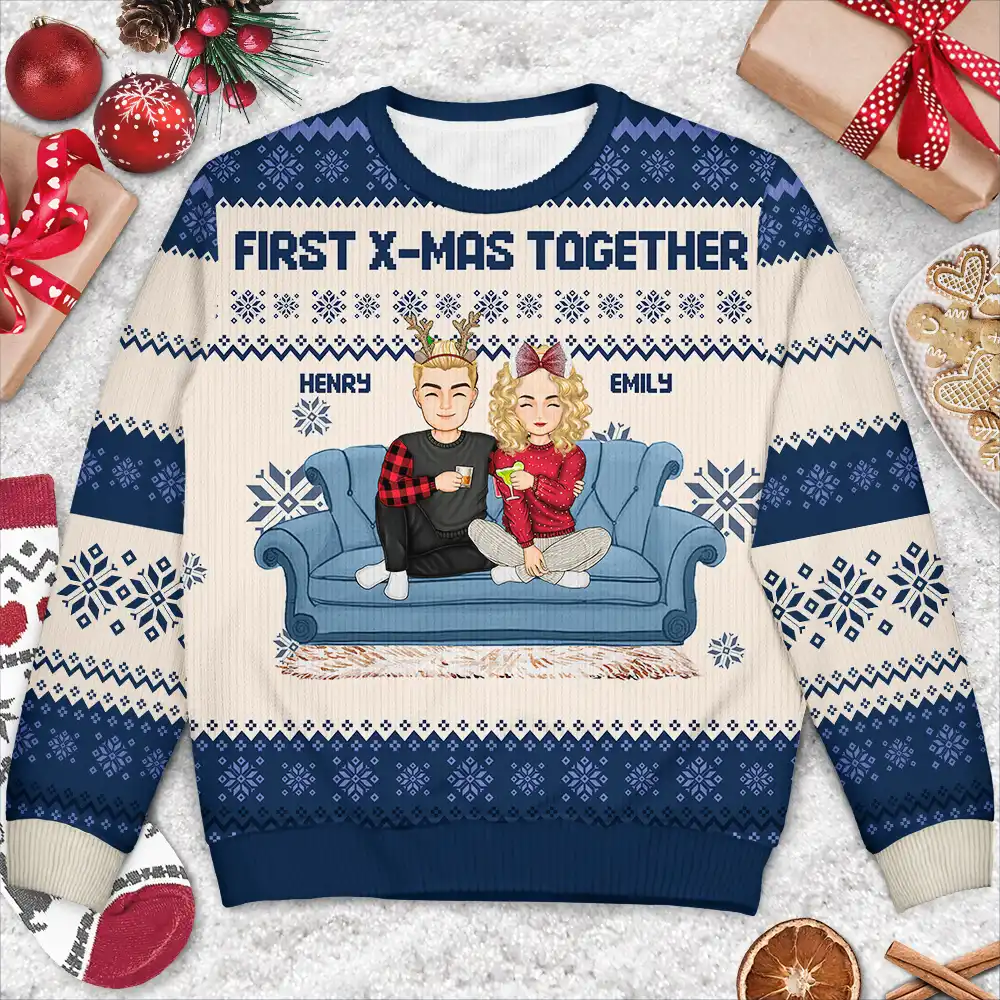 Cartoon Couple With Kids And Pets - Personalized Unisex Ugly Sweater - Image 3