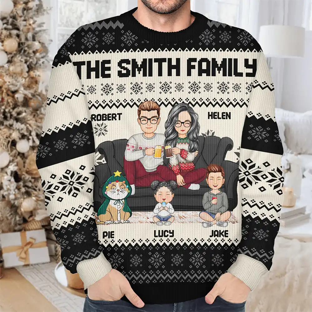 Cartoon Couple With Kids And Pets - Personalized Unisex Ugly Sweater - Image 4