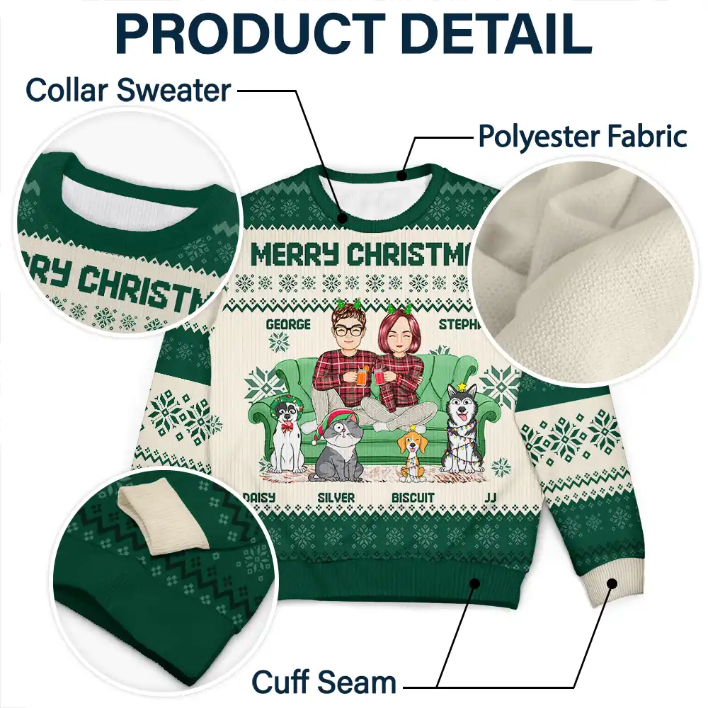 Cartoon Couple With Kids And Pets - Personalized Unisex Ugly Sweater - Image 6