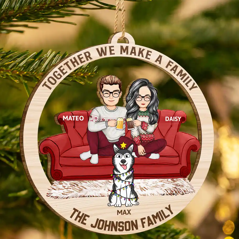 Cartoon Couple With Kids And Pets - Personalized Wooden Cutout Ornament - Image 3