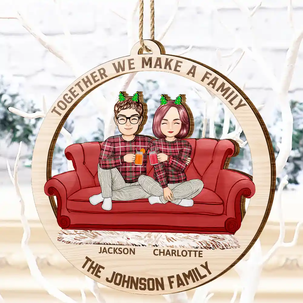 Cartoon Couple With Kids And Pets - Personalized Wooden Cutout Ornament - Image 4