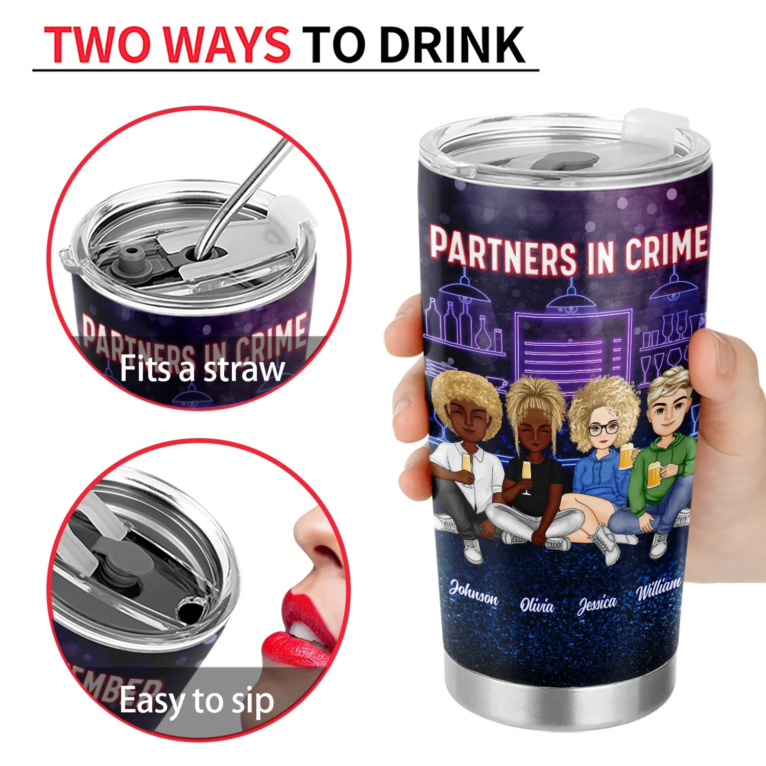 Cartoon Drinking Glitter Partners In Crime - Gift For Besties - Personalized Tumbler - Image 4