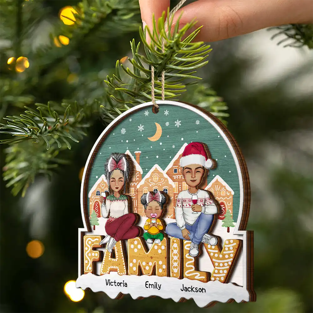 Cartoon Family And Pet Gingerbread Cookies - Personalized 2-Layered Wooden Ornament - Image 2