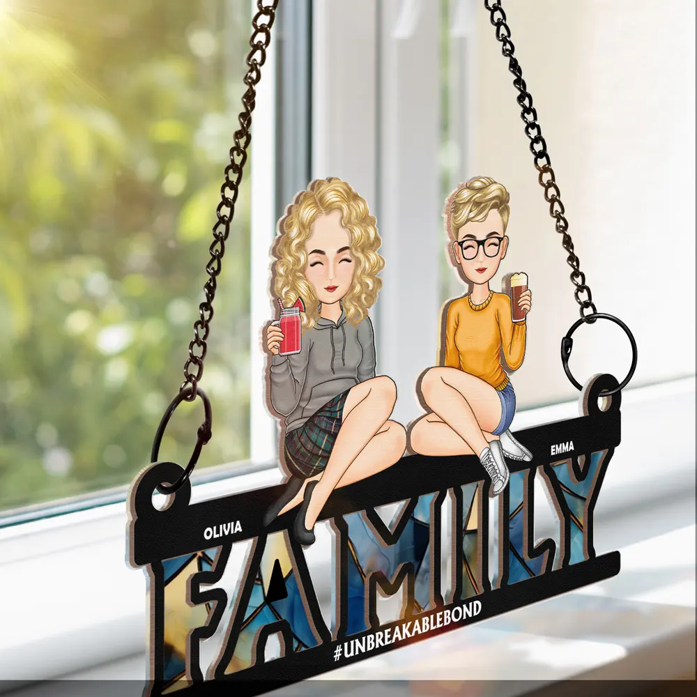 Cartoon Family Forever Unbreakable Bond - Personalized Window Hanging Suncatcher Ornament - Image 3