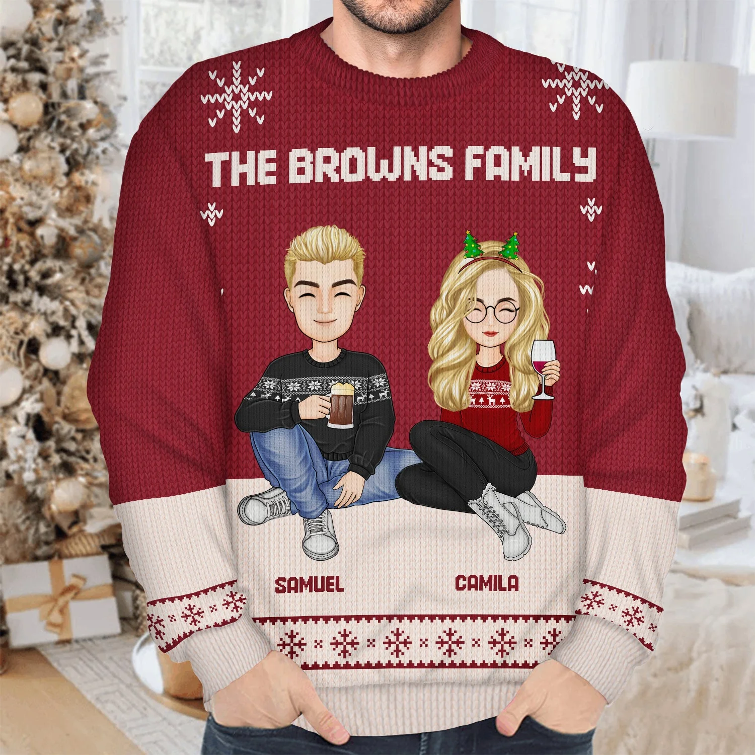 Cartoon Family Sitting - Christmas, Gift For Family - Personalized Unisex Ugly Sweater - Image 4