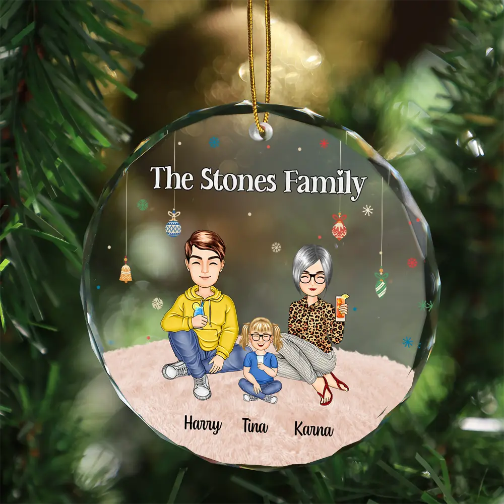 Cartoon Family Sitting - Personalized Circle Glass Ornament - Image 3